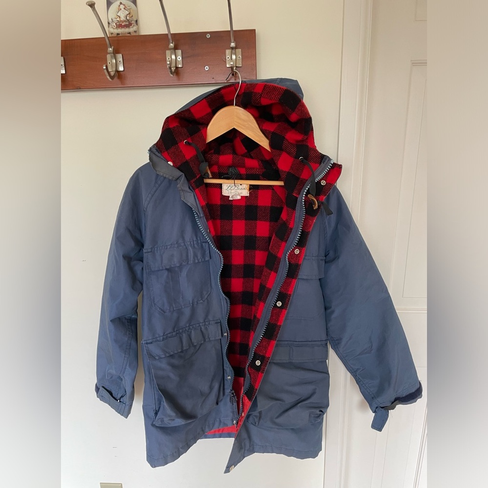 Vintage LL Bean Baxter State Parka Men Medium Blue Red Mackinaw Wool Plaid Lined
